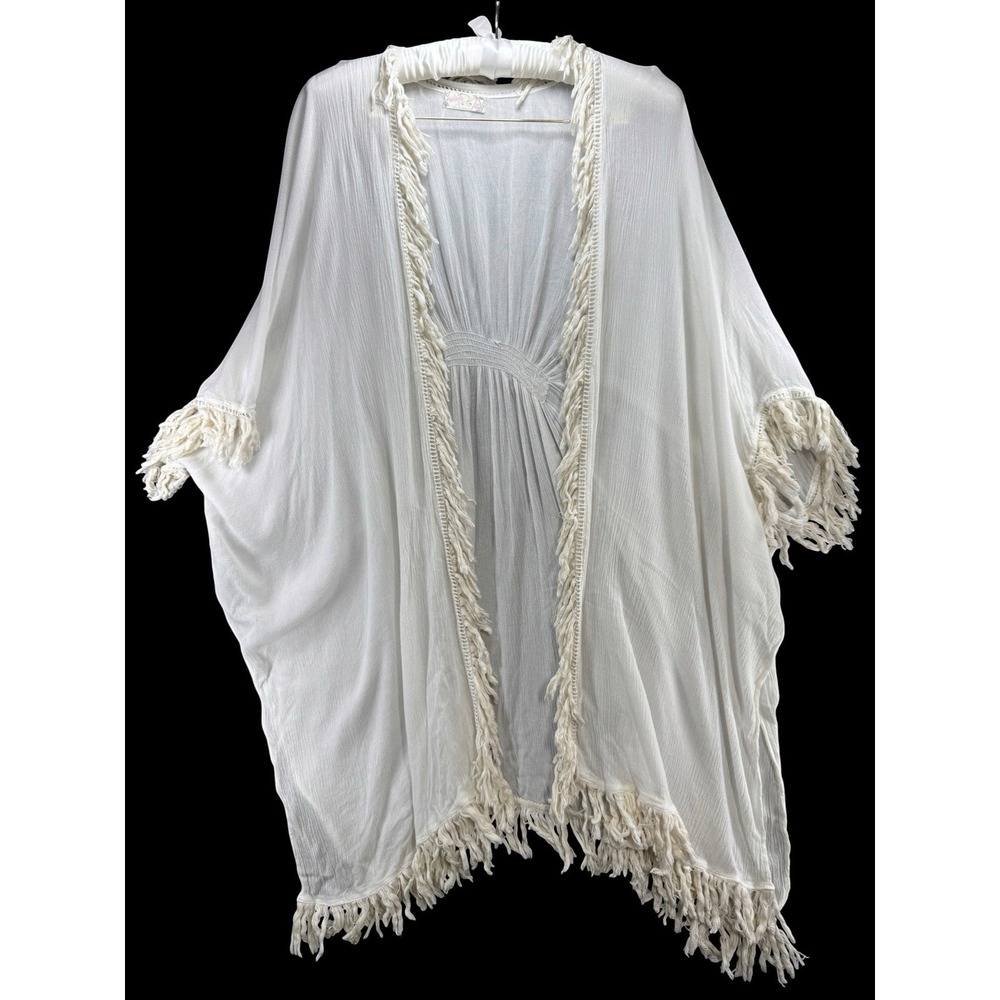 Free People One Size White Fringe Kimono Cover Up Boho Gauze Beach Festival